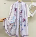 Lavender faux silk long scarf featuring elegant bamboo leaf print, perfect Chinese style shawl. - 19