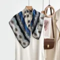 Elegant 70cm square silk scarf featuring vintage blue geometric print, luxury old money style. - CY-11