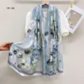 Retro Chinese style faux silk long scarf for women, floral print summer sun protection shawl. - 24