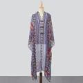 Ethnic style floral print women long shawl lightweight Chinese frog button sun protection cape - Frog Button Scarf - Floral Stripes - Blue