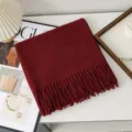 Solid color wool scarf women winter thick warm burgundy tassel shawl cozy elegant neck wrap - Burgundy