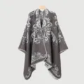 Gris foncé ethnique tricot cape femmes hiver chaud élégant floral frange châle manteau - Écharpe fendue / Gris