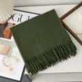 Solid color dark green wool scarf, cozy winter knit wrap with fringe detail for women. - Army Green