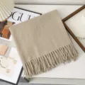 Solid color wool scarf, beige winter warm tassel fashion neck wrap for women variant style. - Khaki
