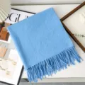 Blue solid color wool scarf for women winter thick warm stylish fringed shawl and wrap - Light Blue