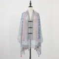 New Chinese style women summer sun protection shawl scarf, ethnic paisley pattern with tassels. - Jinse Qionghua with Grey Border