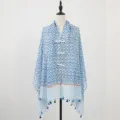 New Chinese style blue and white patterned summer sun protection shawl with tassels and buttons. - Blue Starry Sea