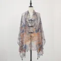 Chinese style vintage print chiffon shawl sun protection summer beach scarf with cute tassels - Flowing Cloud Scarf - Smoke Blue