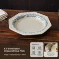 French vintage style octagonal ceramic soup plate with blue floral pattern and delicate dots. - 8.5-Inch Beaded Octagonal Soup Plate