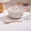 Niedliche Schleife Keramik Instant Nudel Schüssel mit Deckel und Löffel, rosa-weiß, 800ml. - Schüssel mit Deckel + Gedrehter Löffel / Weiß