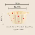 Ceramic double-ear bowl with cute red heart pattern, 6-inch creamy yellow soup and salad bowl. - 6 Inches / Milk Yellow