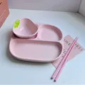 Juego de platos divididos de cerámica rosa con cuenco de fresa y palillos para el desayuno. - Juego de 3 piezas B - Fresa rosa y plato dividido mate / Rosa