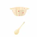 Ceramic 9.5-inch double-ear floral bowl with spoon, cute heart pattern cream yellow soup bowl. - 9.5 Inch With Big Soup Spoon / Milk Yellow