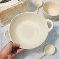 Korean style ceramic double ear soup bowl set, irregular breakfast bowl for single serving. - Creamy Irregular Double-Handle Bowl