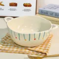 Bol a soupe en ceramique a deux oreilles, joli bol de style ins avec des points et rayures. - Bol à soupe irrégulier à poignées de 9,5 pouces