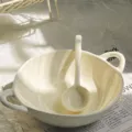 Ceramic double handled soup bowl and spoon set, cream white irregular noodle bowl for kitchen. - 2-Piece Set: Creamy Irregular Double-Handle Bowl + Spoon
