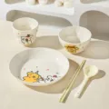 Cute cartoon ceramic tableware set with bowls plates cup spoon and lovely animal print. - Five-Piece Set