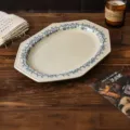 French vintage ceramic fish plate, 12-inch octagonal dinner plate with blue floral pattern. - 12-Inch Beaded Octagonal Fish Plate