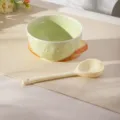 Green ceramic rice bowl and long handle spoon set, cute embossed design for kitchen use. - Bowl with Long Handle Spoon / Creamy Green