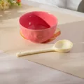 Pink ceramic rice bowl and long spoon set, 4.75 inch embossed bowl for home kitchen table. - Bowl with Long Handle Spoon / Raspberry Pink