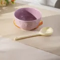 Ceramic rice bowl and spoon set, purple embossed cereal bowl with long handle spoon. - Bowl with Long Handle Spoon / Taro Purple