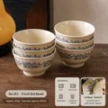 French vintage style ceramic rice bowl set, blue floral beaded design, 5-inch variant. - Set of 6 - 5-Inch Dotted Bowls