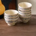 French vintage ceramic rice bowl set with delicate blue floral relief and beaded rim design. - Set of 8 - 5-Inch Dotted Bowls