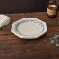 French style ceramic shallow plate set with blue floral pattern, elegant table dinnerware. - 8-inch Octagonal Shallow Plates - Set of 2