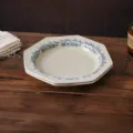 French vintage ceramic octagonal soup plate, 8.5 inch blue floral tableware for home kitchen use. - 8.5-inch Octagonal Soup Plates - Set of 2