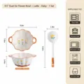 9.5 inch ceramic double ear floral bowl and spoon set with chrysanthemum pattern, safe for oven. - 9.5-Inch Double-Ear Flower Bowl and Twisted Spoon Set (Wild Chrysanthemum)