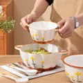 Cute ceramic bowl set with handles and floral pattern, ideal for daily household soup and noodles. - 6-Inch and 9.5-Inch Double-Ear Flower Bowl Set (Wild Chrysanthemum)