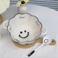 Ceramic pumpkin bowl set, cute smiley face design, double ear soup bowl with spoon. - 9.5 Inch + Spoon / Black Smiley Face