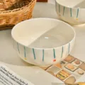 Cute ins ceramic noodle soup bowl with green stripes, large capacity tableware for home. - 6-inch Bowl