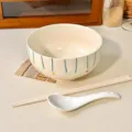 Ceramic bowl with blue vertical stripes and colorful dots, stylish tableware for home use. - 6-Inch Bowls - 3-Piece Set - Xingmang