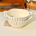 Cute ceramic double-ear soup bowl with blue stripe and dot pattern, large capacity noodle bowl. - 9-Inch Irregular Soup Bowl with Handles - Starlight - Set of 2