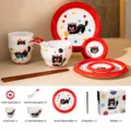 Set de vaisselle en céramique chat noir mignon 12 pièces rouge bol assiette cadeau - Service 12 pièces « Chat mignon » (Rouge) en coffret cadeau