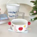 Cute ceramic bowl with red apple handles, pink stripes and fruit patterns for home dining. - Instant Noodle Bowl / Pink Apple