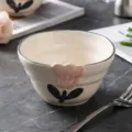Bol à riz en céramique avec fleur rose 3D, vaisselle élégante pour la cuisine quotidienne. - Bol à Riz 4,5 Pouces
