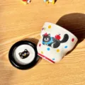 Ensemble tasse et soucoupe en céramique chat noir 4 pouces vaisselle mignonne maison - Tasse calebasse 4 pouces et coupelle à bord rond 4 pouces - Noir - Chat mignon - 1 pièce