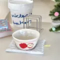 Cute ceramic bowl with underglaze apple pattern, ideal for daily household dining and kitchen use. - 5-Inch Stone Grain Bowl / Pink Apple