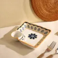 Assiete à ravioles en céramique avec saucière intégrée, motif floral bleu et jaune, variante - Bonne fortune - Assiette à raviolis 7,5 pouces