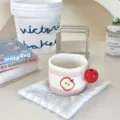Cute ceramic mug with 3D red apple handle pink stripe underglaze coffee cup home drinkware - Cup / Pink Apple