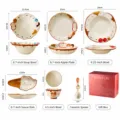 Joli service de vaisselle en céramique peinte à la main avec bols assiettes et cuillère - Ensemble Cadeau de 6 Pièces