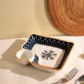 Assiette à raviolis en céramique avec saucière, motif rayé bleu et blanc, 7,5 pouces - Couleurs éclatantes - Assiette à raviolis 7,5 pouces