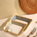 Ceramic dumpling plate set with dipping sauce compartment, geometric pattern kitchen tableware. - Dumpling Plates Set of 2 - Floral & Patterned