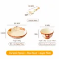 Cute ceramic tableware set specification chart featuring apple plate, strawberry bowl and spoon. - 3-Piece Set E
