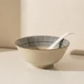 Japanese ceramic ramen bowl and large soup spoon set with blue stripes, 8-inch table wear. - Blue Rain - 8-Inch Noodle Soup Bowl with Spoon