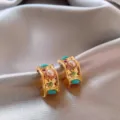 Close-up of vintage chunky gold hoop earrings featuring vibrant turquoise and pearl inlay. - 7# Silver Post - Gold - Blue (Real Gold Plated)