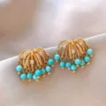 Vintage style turquoise bead tassel earrings detail close up, elegant gold metal jewelry design. - 5# Silver Post - Gold - Blue (Real Gold Plated)