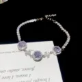 Lila Kristall Kleeblatt Armband Silber Prinzessin Stil Handgelenk Schmuck Variante Modell - Silberne Kette mit Violettem Zirkonia